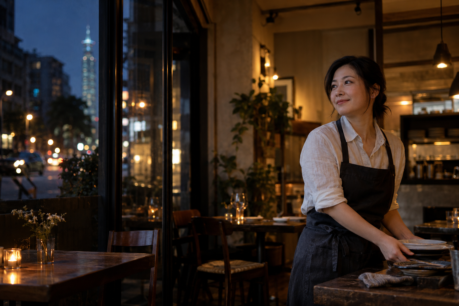 餐飲女性職人在打烊後的店內,原創電影感情境影像